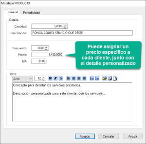 Modificar el concepto o servicio recurrente, para asignar un precio específico a cada cliente, junto con el detalle personalizado